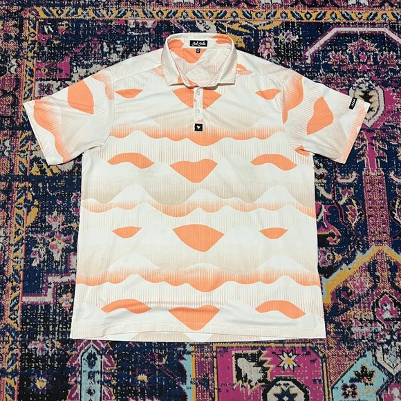Bad Birdie Polo Shirt Mens 2XL Orange Beige Geo AOP Performance Quintero - Picture 1 of 2